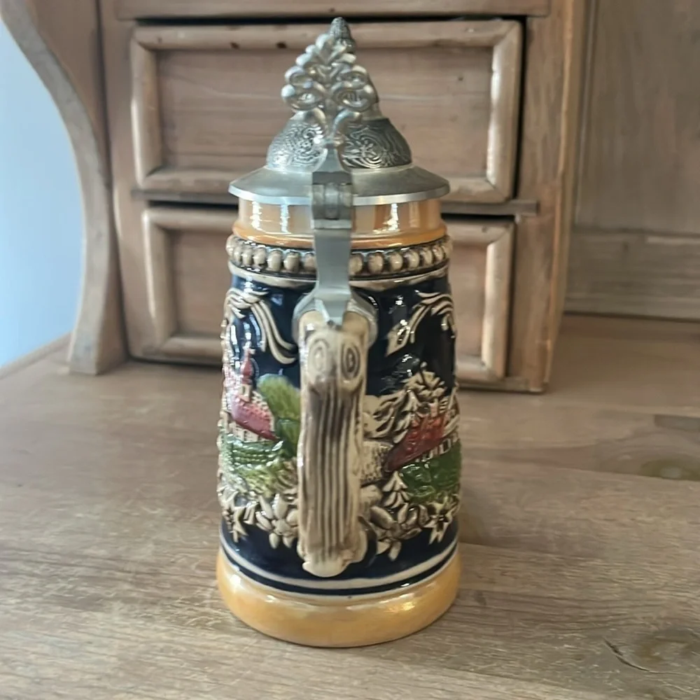 Ceramic German Beer Stein Frankfurt Roemer Design Pewter Lid Alpine Schnapps